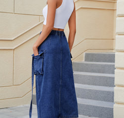 Slit Pocketed High Waist Denim Skirt