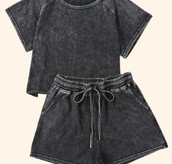 Heathered Round Neck Top and Shorts Lounge Set