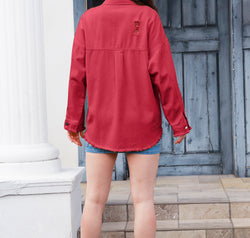 Distressed Button Up Raw Hem Denim Jacket