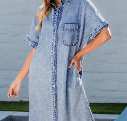Pocketed Button Up Half Sleeve Denim Dress
