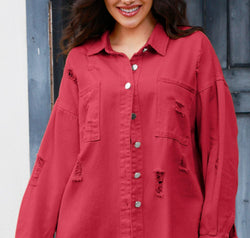 Distressed Button Up Raw Hem Denim Jacket