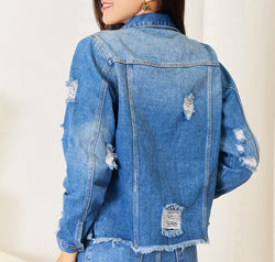 Baeful Leopard Floral Distressed Raw Hem Denim Jacket