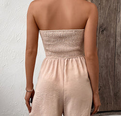 Perfee Decorative Button Smocked Strapless Romper