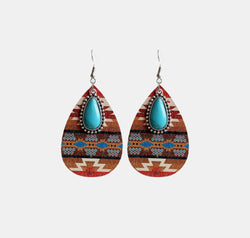 Turquoise Teardrop Shape Wooden Dangle Earrings
