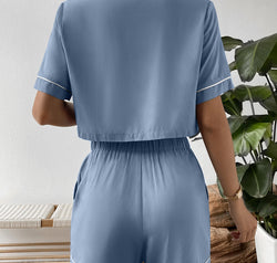 Ivy Lane Contrast Lapel Collar Cropped Shirt and Shorts Lounge Set