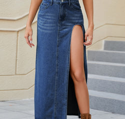 Slit Buttoned Denim Skirt with Pockets