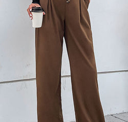 Button-Fly Pleated Waist Wide Leg Pants with Pockets