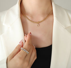 Brass Inlaid Zircon Letter Pendant Necklace