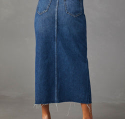 Slit Raw Hem Midi Denim Skirt