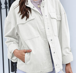 Drawstring Snap Down Dropped Shoulder Denim Jacket