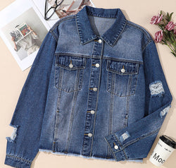 Plus Size Distressed Button Up Raw Hem Denim Jacket