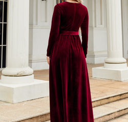 Tie Front Round Neck Long Sleeve Maxi Dress