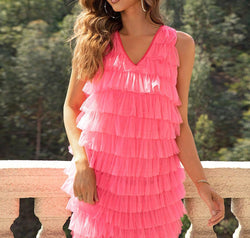 V-Neck Tiered Sleeveless Mesh Dress