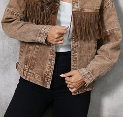 Fringe Trim Snap Down Denim Jacket