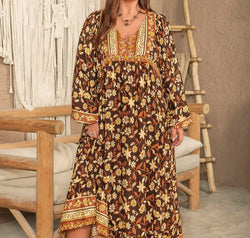 Plus Size Printed V-Neck Balloon Sleeve Dress