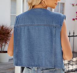 Pocketed Button Up Sleeveless Denim Jacket