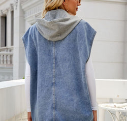 Hooded Sleeveless Denim Top with Pockets
