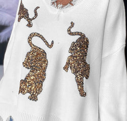Tiger Sequin Raw Hem Dropped Shoulder Sweater