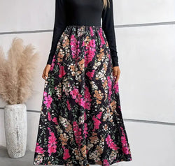 Floral Round Neck Long Sleeve Maxi Dress
