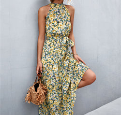 Printed Sleeveless Tie Waist Maxi Dress