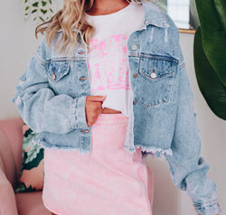 Distressed Raw Hem Denim Jacket