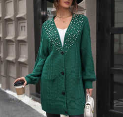 Pearl Detail Cable-Knit Button Up Cardigan