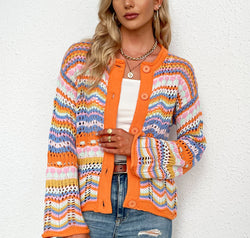 Chevron Stripes Openwork Cardigan