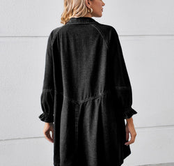 Button Up Flounce Sleeve Mini Denim Dress