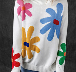 Flower Round Neck Dropped Shoulder Sweater