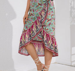 Tie Waistband Flounce Hem Midi Skirt