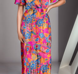 Printed Surplice Short Sleeve Maxi Dress