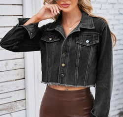 Raw Hem Denim Jacket with Pockets