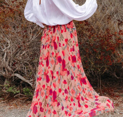 Printed Elastic Waist Pleated Maxi Skirt