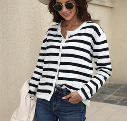 Striped Round Neck Button-Down Dropped Shoulder Cardigan