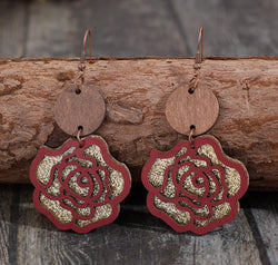 Wooden Alloy Rose Shape Dangle Earrings