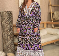 Plus Size V-Neck Balloon Sleeve Printed Midi Dress