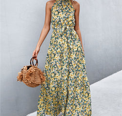 Printed Sleeveless Tie Waist Maxi Dress