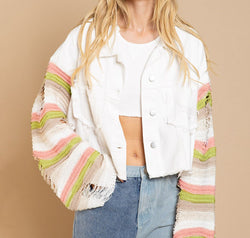 Distressed Striped Long Sleeve Denim Jacket