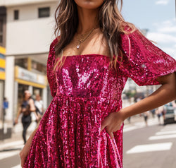 Sequin Square Neck Balloon Sleeve Romper