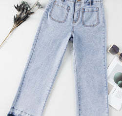 Raw Hem Straight Jeans with Pockets