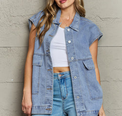Collared Neck Sleeveless Denim Top with Pockets