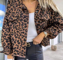Leopard Raw Hem Denim Jacket
