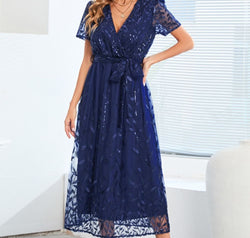 Sequin Leaf Embroidery Tie Front Short Sleeve Dress
