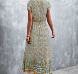 V-Neck Short Sleeve Printed Maxi Dress