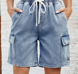 Drawstring Denim Shorts with Pockets