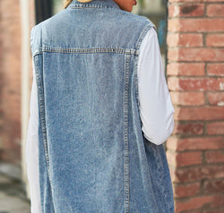 Collared Neck Sleeveless Denim Top with Pockets