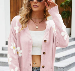 Floral Ribbed Trim Drop Shoulder Cardigan