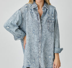 RISEN Distressed Raw Hem Denim Shirt