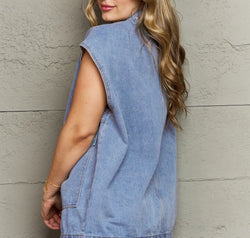 Collared Neck Sleeveless Denim Top with Pockets