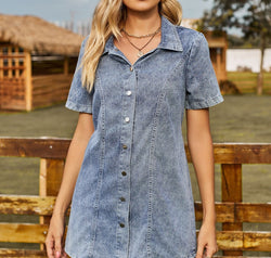 Button Up Short Sleeve Mini Denim Dress